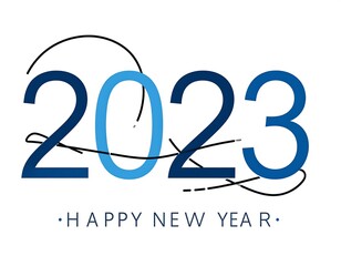Bold numerals indicate the year, "2023", with "Happy New Year" below. A modern design, with artistic swirls, on a white background
