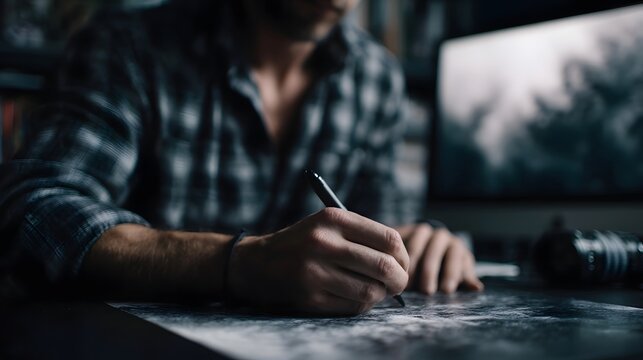 Focused designer works at a desk with computer and stylus engaged in a creative task