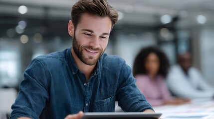 A smiling man in a blue shirt uses a tablet in a modern office meeting with blurred colleagues in the background