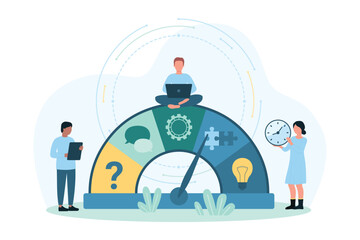 Improvement of soft business skills vector illustration. Cartoon tiny people move arrow on indicator to improve leadership, problem solving and social communication ability of person or team