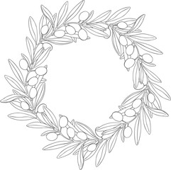 Drawing olives fruits branch wreath vector. Hand drawn floral illustration olive fruit tree branches, leaves isolated background black. Edible foliage. Drawings food. Menu, wrapping card gift decor