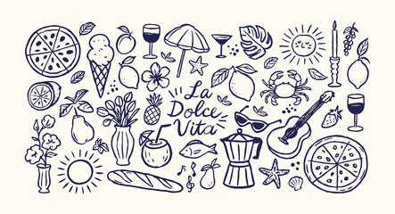 Naklejka premium Italian summer stickers in retro cartoon style. Vacation symbols: pizza, wine, lemon, sea. La Dolce Vita concept with summer food and beach leisure. Illustration in hand-drawn linear doodle style.