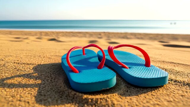 Colorful flip-flops resting on sandy beach with tranquil ocean view