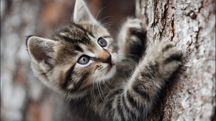 A curious young tabby kitten grips a tree trunk with its claws exploring its natural environment