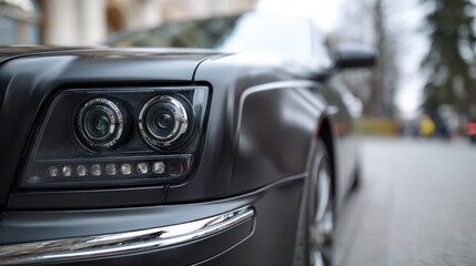 Fototapeta premium Surveillance cameras mounted discreetly on a luxury limousine clear focus on camera lenses with the vehicle and surroundings softly blurred.