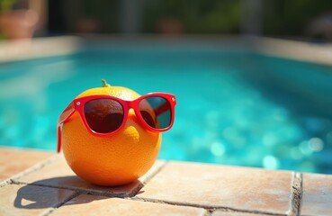 Orange fruit wears red sunglasses by the pool. Summer fun food concept. Tropical vacation vibe with refreshing citrus at water. Bright vibrant image. Creative summer time fruit art.