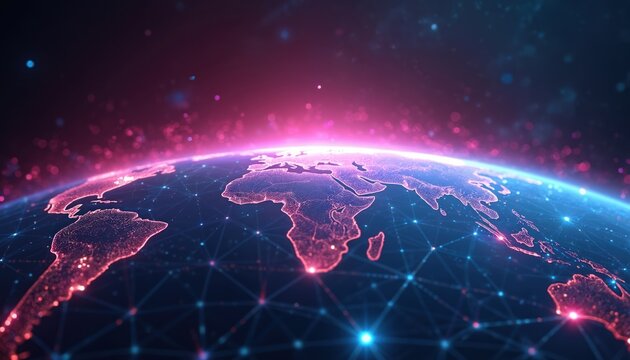 Digital planet connects with neon lines. World map glows with vibrant data points. Global network of information and tech spans across cyberspace. Futuristic communication and business concept.