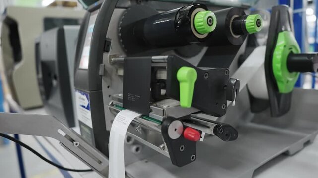 Industrial printer printing label within a manufacturing setting showcasing printing process