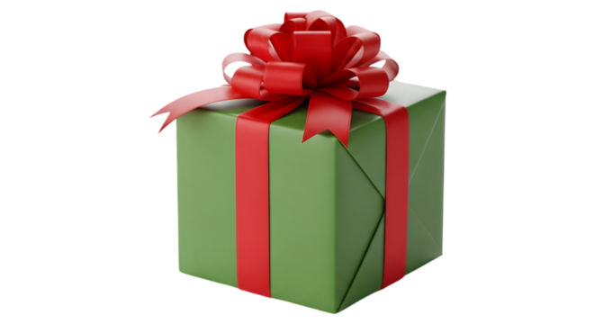 Green gift box with red ribbon isolated on transparent background - Powered by Adobe