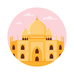 Isolated round icon of the Taj Mahal with pink sky background for India travel vector illustration