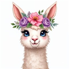 Naklejka premium Charming illustration of a llama adorned with floral wreath. Cartoon alpaca has big blue eyes and gentle smile. Lovely animal portrait on a white background suitable for various design projects.
