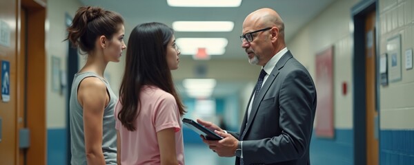 Bald male school principal in suit talks to teenage schoolgirls in hallway. High school girls and man discuss something while standing. Man holds digital tablet during meeting with students.