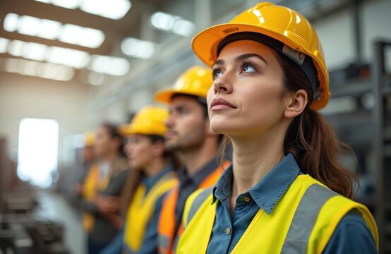 Diverse group of industry workers wear hard hats and safety vests in a factory. A woman engineer looks up with focus and determination. Teamwork fuels manufacturing production.