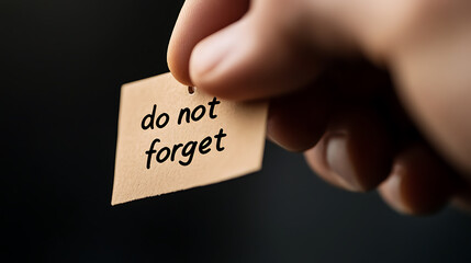 A gentle reminder to remember important tasks. 'Do not forget' message on a small note card, held by fingers, promoting responsibility and mindfulness. A vital note for daily life.
