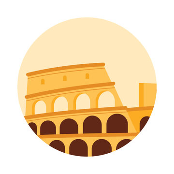 Minimalist round icon of the Colosseum in Rome, Italy, isolated on white background vector illustration