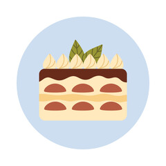 Flat design tiramisu dessert with cream and leaves, Italian sweet food isolated vector illustration