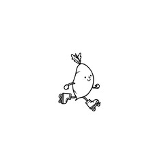 Cartoon radish with a happy face roller skating with arms outstretched on a white isolated background