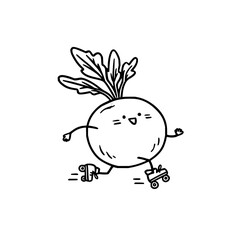 A cute turnip character with leaves and a smiling face roller skating in a black and white line drawing