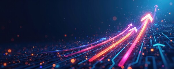 Digital arrows surge upwards on circuit board. Neon lines glow, particles float. Symbolizing growth, progress, success, future tech, innovation.