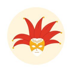 Fototapeta premium Colorful Italian jester mask with red and yellow details on white background, isolated vector illustration
