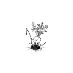 Cartoon radish character fishing from a small boat on water with a fishing rod and happy expression