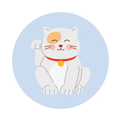 Isolated round icon of a smiling Japanese lucky cat with raised paw for good fortune vector illustration