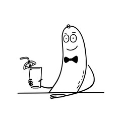 Cartoon banana character wearing a bow tie holding a drink with a straw and lemon slice at a bar top