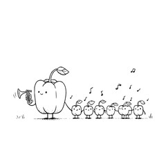 Pepper playing trumpet leads a line of small apples with music notes in a black and white illustration