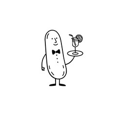 Cartoon pickle character in a tuxedo serving a cocktail on a tray in a minimalist black and white style