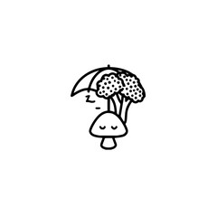 A sleeping mushroom under an umbrella made of broccoli florets in a minimalist line art illustration