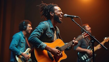 Young african american man with dreadlocks sings into microphone, plays acoustic guitar in recording studio. Two male musicians play electric guitar in background. Band performs music together in pro