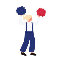 Blonde child in blue and white outfit holding red and blue pom poms isolated vector illustration