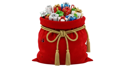 Santas bag full of colorful gifts isolated on transparent background