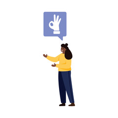 Smiling woman using hand gesture for positive active listening on isolated white background vector illustration