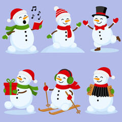 Set of cute winter snowmen on skate, with gift box, accordion and in the hat and scarf, and singing. Vector illustration in flat cartoon style for greeting cards, season greetings, end other design.