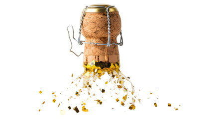 Champagne cork with gold confetti isolated on transparent background for celebration