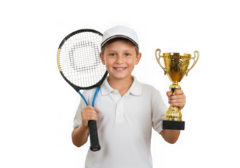 Young boy holding a tennis racket a trophy, isolated on transparent background