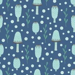 Dung mushroom seamless pattern. Vector Illustration for printing, backgrounds, covers and packaging. Image can be used for greeting cards, posters, stickers and textile. Isolated on dark background.