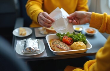 Person eats salmon steak with salad and mashed potatoes on airplane tray. Food served for passenger during flight in economy class cabin. Meal includes bread roll.