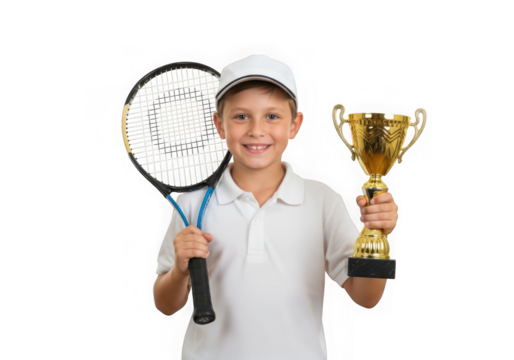 Young boy holding a tennis racket a trophy, isolated on transparent background