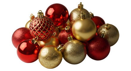 Pile of red and gold christmas ornaments isolated on transparent background
