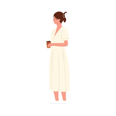 Young woman in light dress holding takeaway coffee cup isolated on white background vector illustration
