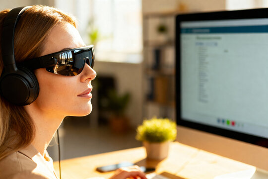 close-up of a visually impaired businesswoman wearing headphones, using screen reader software, computer screen reflecting in glasses, bright daylight