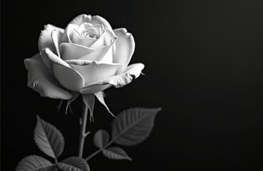 Monochrome image of rose on black backdrop. Flower elegant. Remembrance sympathy, love. Rose with leaves conveys peace. Empty place for text on memorial card invitation. Template for banner.