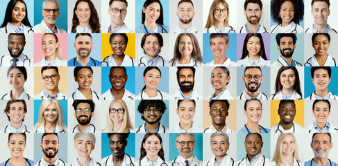 This collage showcases a diverse set of healthcare professionals who are smiling and wearing medical attire.