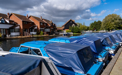 Rental and hire day boats for rent moored on the River Bure in Wroxham, Norfolk Broads