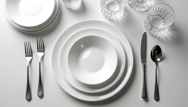 Elegant white plates and bowls stacked neatly. Clean silverware and crystal glasses arranged on table. Formal place setting for meal or special event. Top down view studio shot.