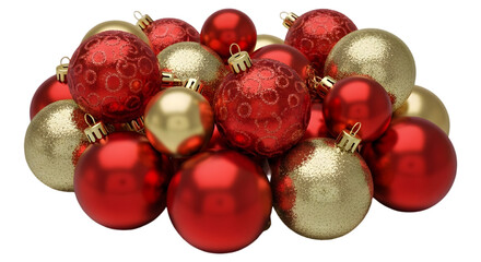 Pile of christmas ornaments isolated on transparent background, festive holiday decor