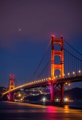 Fototapeta premium Iconic suspension bridge illuminated at night, city skyline glowing in the distance, architecture, urban, transportation