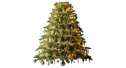 Decorated christmas tree isolated on transparent background with ornaments